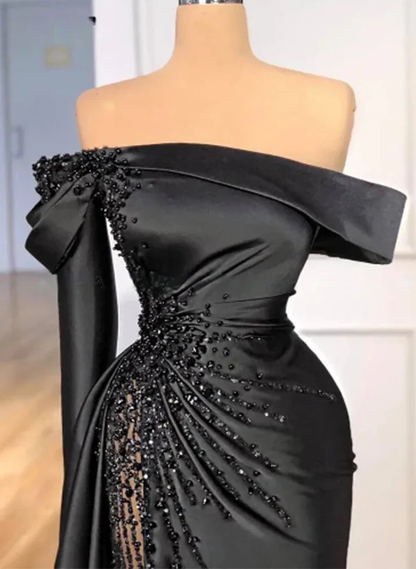 Fashion Black Beaded Satin Sheath Prom Dress,Off The Shoulder Long Evening Dress Y8030