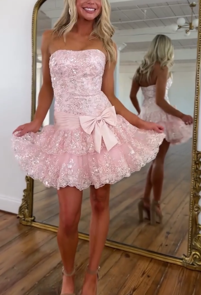 Cute Pink Sweetheart Neck Tulle Lace Appliques Short 20th Birthday Outfits Formal Homecoming Dress Y9782