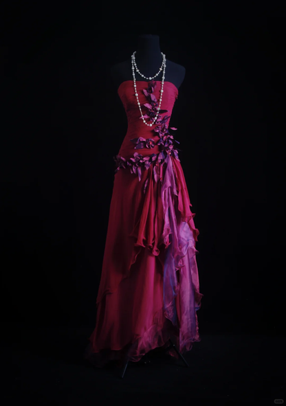 Charming Fuchsia Chiffon Appliques A Line Long Party Dress Strapless Prom Dress SP2152