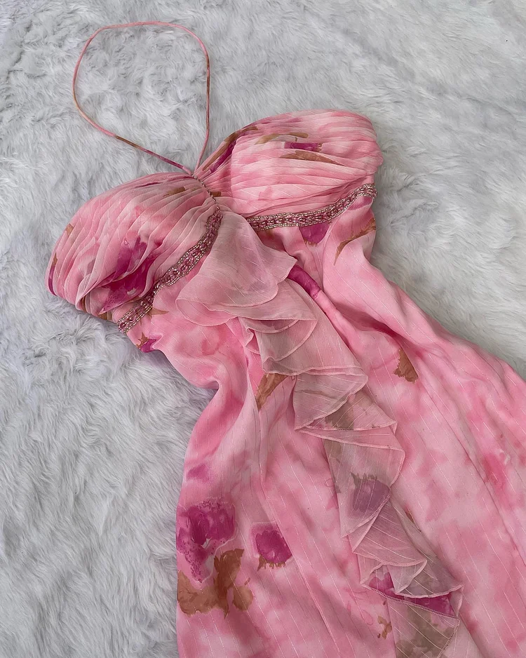 Pink Chiffon Print Floral Ruffle Evening Dress,Halter Mermaid Prom Dress Y8306