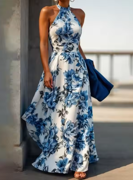 New Arrive Sleeveless Satin Floral Print Halter Neck A Line Evening Dress,Blue Prom Dress Y8480