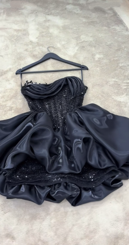 Elegant Black Satin Sequin A Line Short Homecoming Dress Spaghetti Straps Mini Birthday Dress SP2415