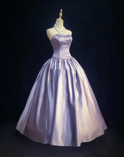 Elegant Strapless Ball Gown Lilac Satin Beaded Long Birthday Evening Dress SP1788