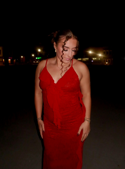 Pretty Spaghetti Straps V Neck Red Lace Backless Mermaid Party Dress Birthday Outfits SP897