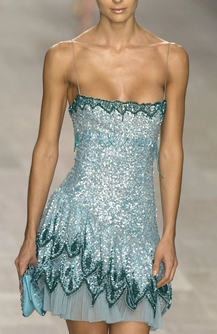 Vintage Spaghetti Straps Blue Sequin Short Cocktail Dress Homecoming Dress Formal 20th Birthday Outfits Y9943