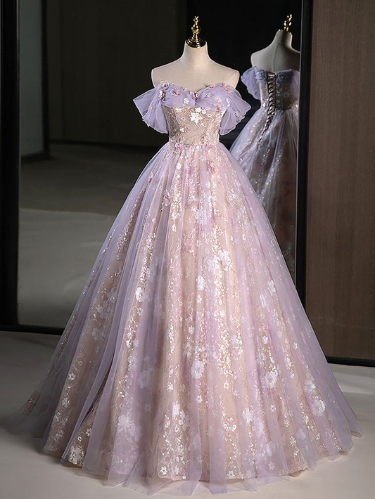 A-Line Off Shoulder Tulle Lace Long Prom Dress, Formal Dress Y5846