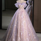 A-Line Off Shoulder Tulle Lace Long Prom Dress, Formal Dress Y5846