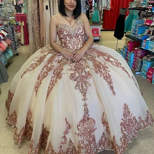 Sparkly Princess Rose Gold Quinceanera Dress Vintage Sweetheart Lace Applique Sequins Ball Gown Y6523