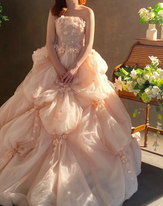 Pretty Pink Strapless Organza Appliques Long  Wedding Dress SP730
