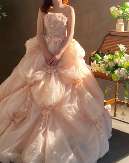 Pretty Pink Strapless Organza Appliques Long  Wedding Dress SP730