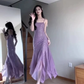 Sexy Mermaid Spaghetti Straps Purple Chiffon Beaded Evening Dress Prom Dress  Y7812
