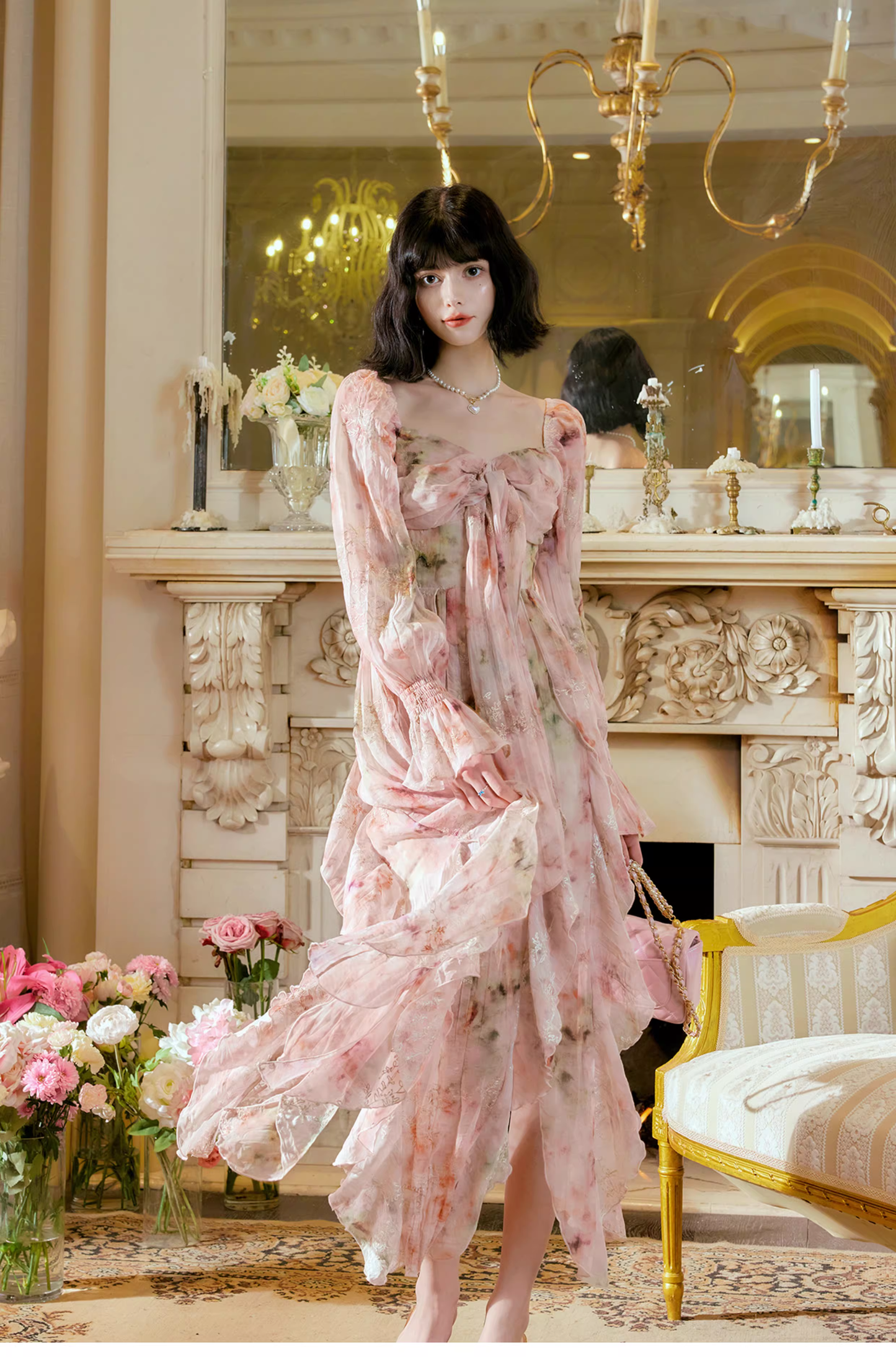 Glamorous Pink Chiffon Print Floral Long Birthday Party Dress Prom Gowns SP2010