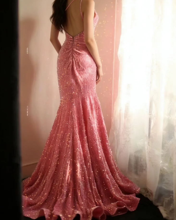 Shiny One Shoulder Pink Sequin Mermaid Evening Dress Long Wedding Guest Dress SP1171