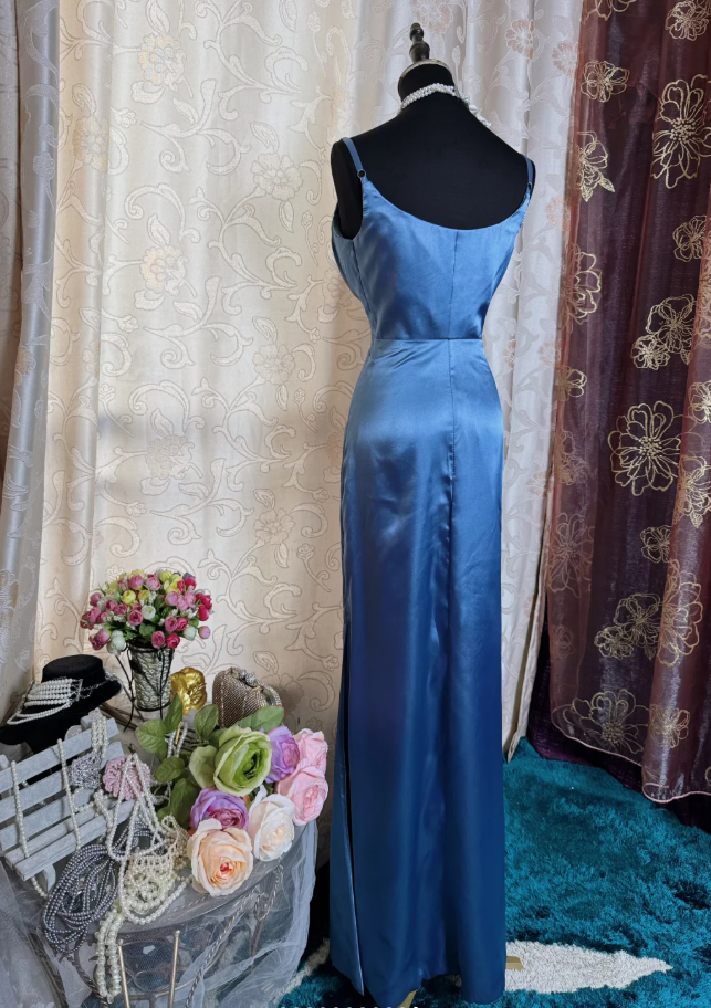 Classy Spaghetti Straps Blue Satin Long Wedding Guest Dress Formal Birthday Evening Dress SP1887