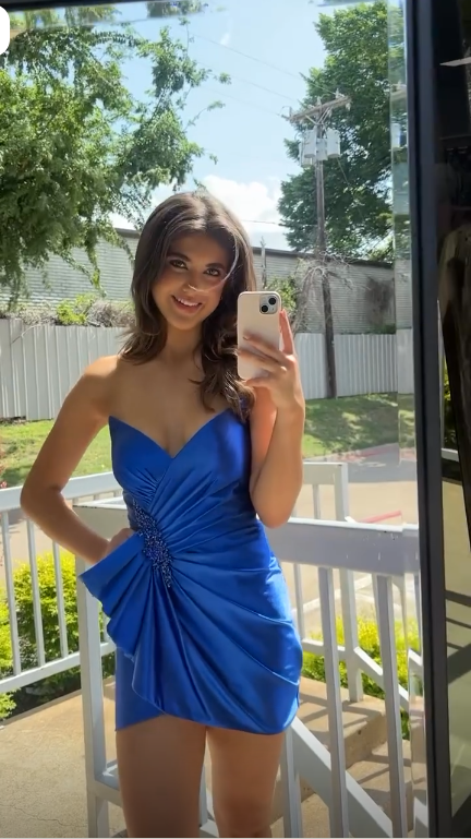 Stylish Royal Blue Satin Beaded Short Graduation Homecoming Dress Strapless Mini Prom Dress SP3824
