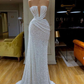 Sparkle White Long Mermaid Plunging V-neck Sequined Prom Dress Y4402