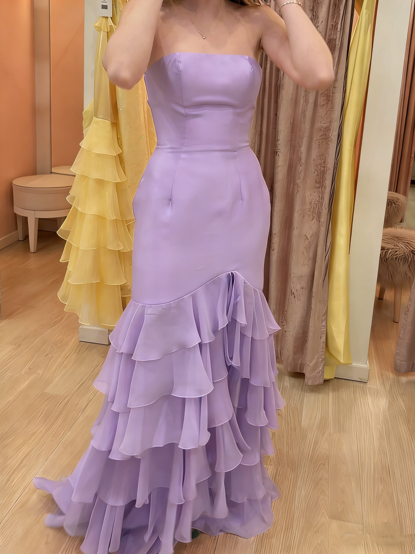 Classy Pink Strapless Satin Chiffon Layered Slit Long Party Dress 19th Birthday Outfits SP2049