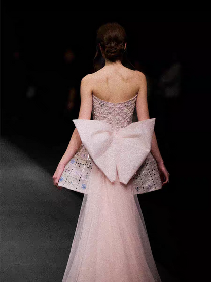 Pretty Strapless Pink Tulle Beaded Mini Birthday Dress Short Homecoming Dress With Bow Y9317