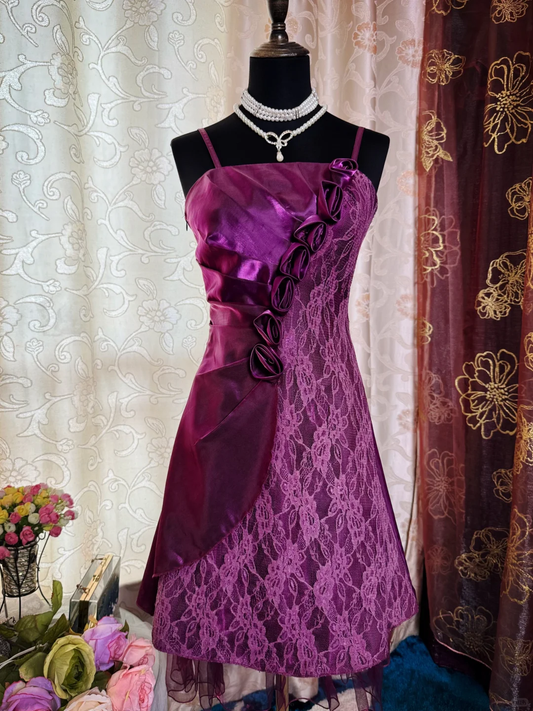 Vintage Spaghetti Straps Purple Satin Lace Short Homecoming Dress Birthday Dress SP85