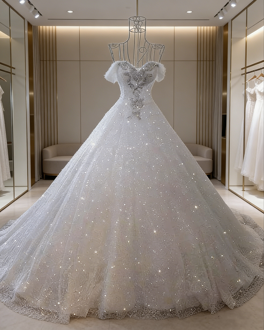 Off The Shoulder White Wedding Dress Shiny Evening Dress Y48