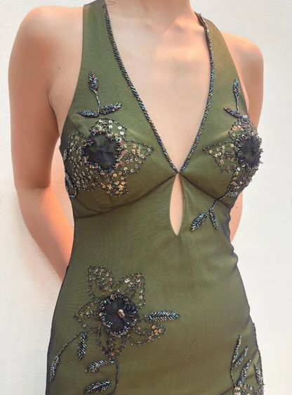 Vintage Halter Satin Beaded Mermaid Evening Dress,Sexy Backless Green Prom Dress Y8228