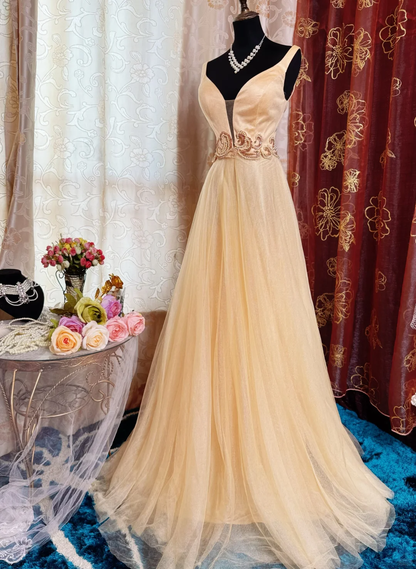 Retro Sleeveless Tulle Beaded A Line Long Wedding Guest Dress Formal Evening Dress SP2381