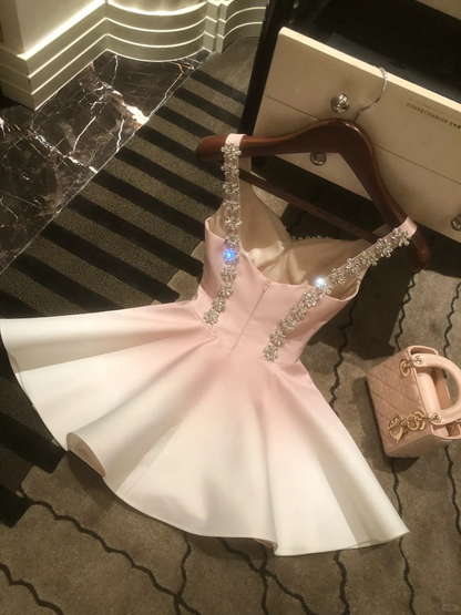 Elegant Spaghetti Straps Satin Beaded A Line Short Graduation Homecoming Dress Ombre Pink Mini Birthday Dress SP2366