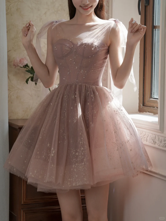 Classy Pink Tulle Sequin A Line Short Birthday Outfits   Formal 6th Grade Homecoming Dress Y9291