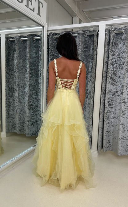 Cute Spaghetti Straps Yellow Tulle Beaded Lace Appliques Formal Prom Dress Party Dress SP642