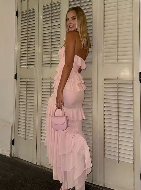 Trendy Pink Strapless Chiffon Ruffled Slit Mermaid Long Party Dress Birthday Prom Gowns SP1124