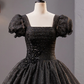 Black Square Neckline Tulle Long Prom Dress, Shiny Black Evening Dresses Y4386