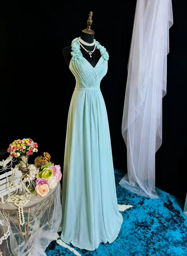 Elegant Mint Green Chiffon A Line Long Wedding Guest Dress Halter V Neck Long Evening Dress SP2372