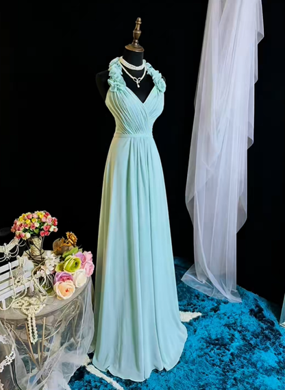 Elegant Mint Green Chiffon A Line Long Wedding Guest Dress Halter V Neck Long Evening Dress SP2372