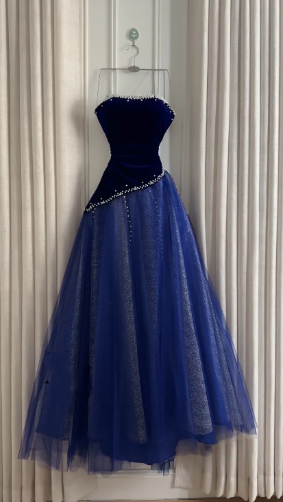 Elegant Strapless Royal Blue Velvet Tulle Beaded Long Party Dress Formal Birthday Prom Gowns SP2048