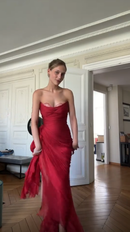 Sexy Red Strapless Lace Tulle Pleated Long Party Dress,Formal Wedding Guest Dress SP3106