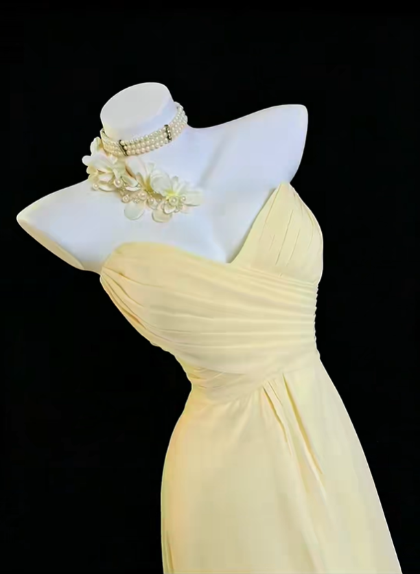 Pretty Yellow Strapless Chiffon Pleated A Line Long Prom Dress Party Gown SP2767