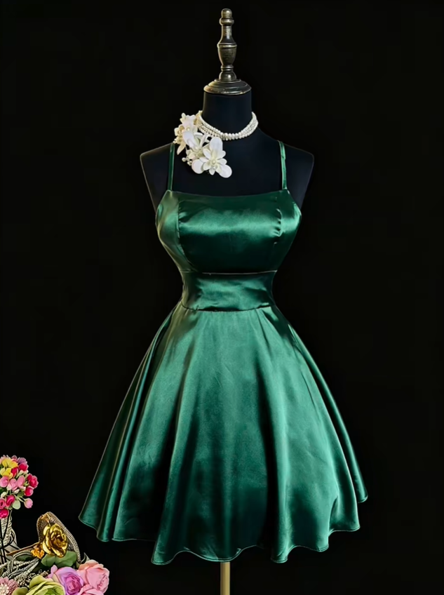 Sexy Spaghetti Strap Satin Mini Cocktail Dress Emerald Green A Line Short 7th Grade Homecoming Dress SP2373