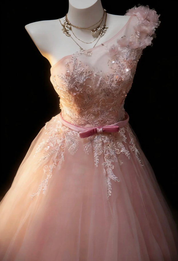 Glamorous Pink One Shoulder tulle Sequin Appliques Long Evening Dress Birthday Dress SP1845