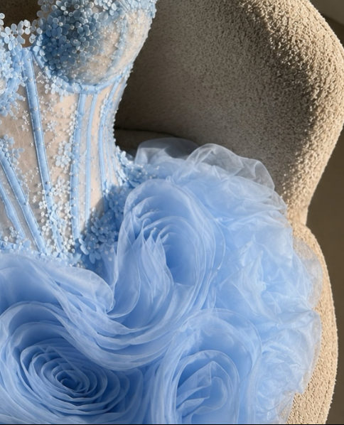 Pretty Spaghetti Straps Blue Tulle Pleated Appliques Short Homecoming Dress Birthday Outfits SP4052