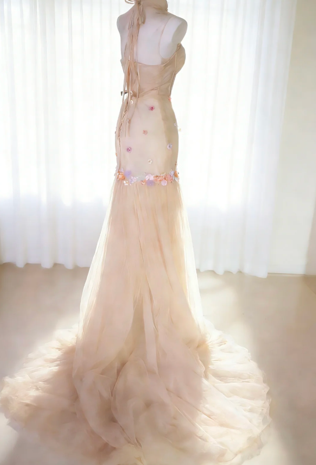 Elegant Sleeveless Tulle Appliques Mermaid Long Prom Dress Evening Gown SP1838