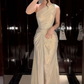 Classy One Shoulder Satin Pleated Mermaid Long Wedding Guest Dress Birthday Party Dress SP1342