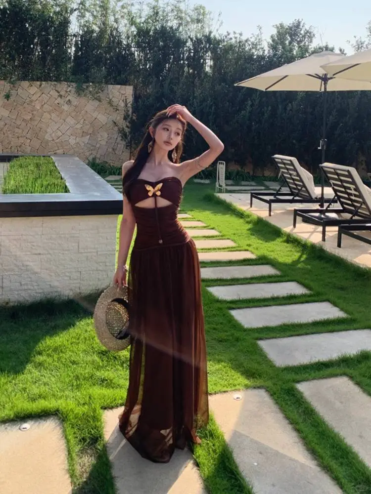 Sexy Brown Strapless A Line Long Prom Dress Evening Dress SP2289