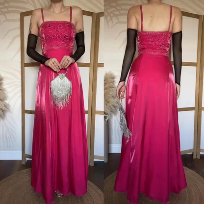 Vintage Spaghetti Straps Hot Pink Satin Beaded A Line Long Prom Dress Birthday Evening Dress SP1900