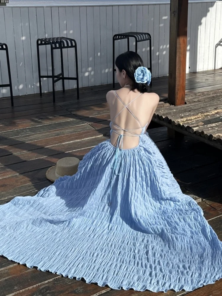 Pretty Spaghetti Straps Blue Tulle A Line Long Evening Dress Backless Long Wedding Guest Dress SP2294