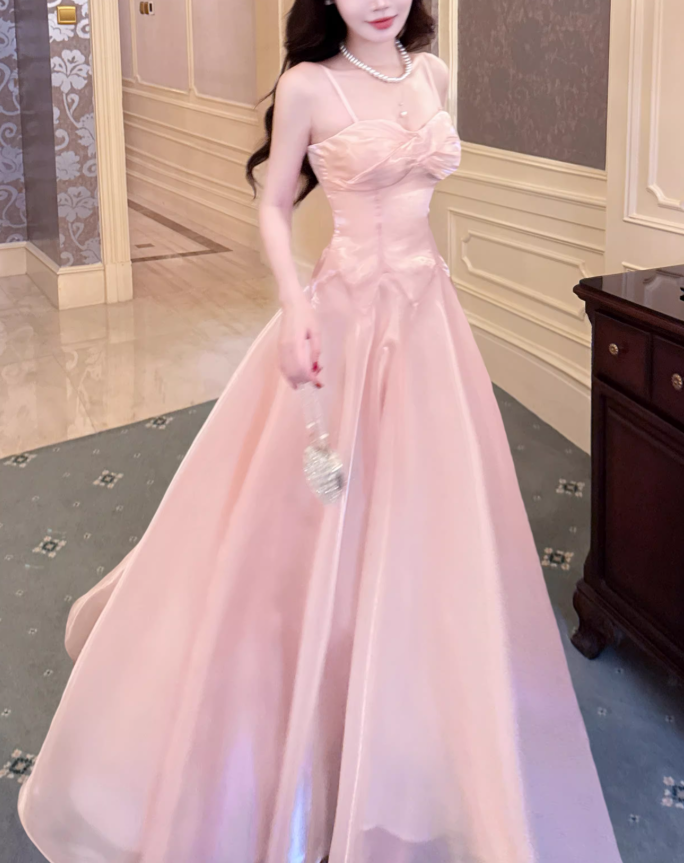 Sweet Spaghetti Straps Pink Satin Long Party Dress Birthday Dress SP1984