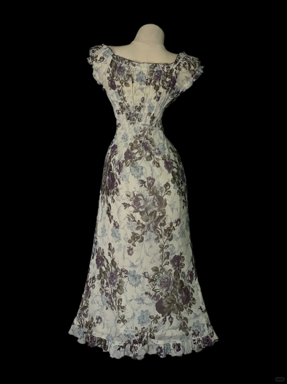 Vintage Sleeveless Chiffon Print Floral Mermaid Long Party Dress Evening Gown SP4043