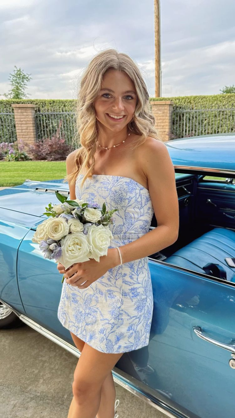 Blue floral 2025 homecoming dress