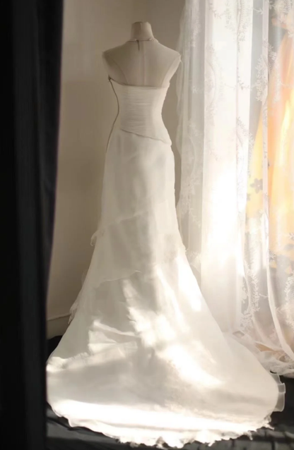 Strapless White Tulle Lace Appliques Layered Mermaid Long Wedding Dress Bridal Dress SP1244