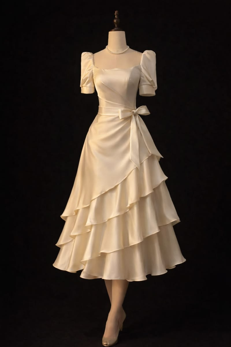Classy White Satin Layered A Line Long Party Dress Prom Dress SP2276