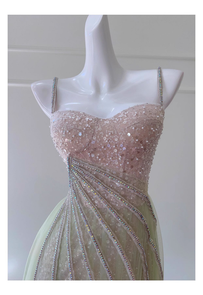 Sparkly Light Green Tulle Sequins Spaghetti Straps Homecoming Dress Y8825